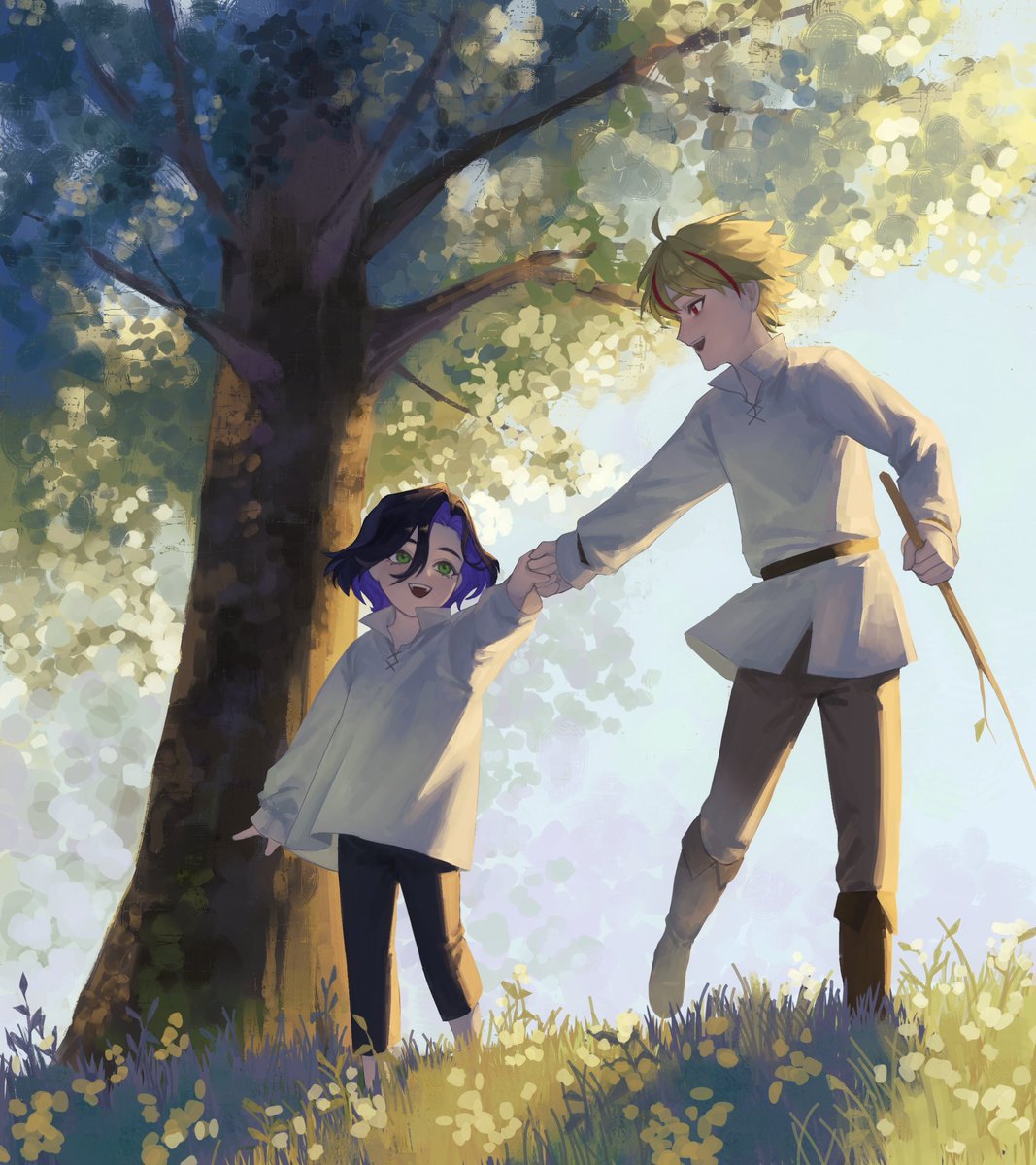 2boys, aged_down, ahoge, arm_at_side, belt, black_belt, black_hair, black_pants
