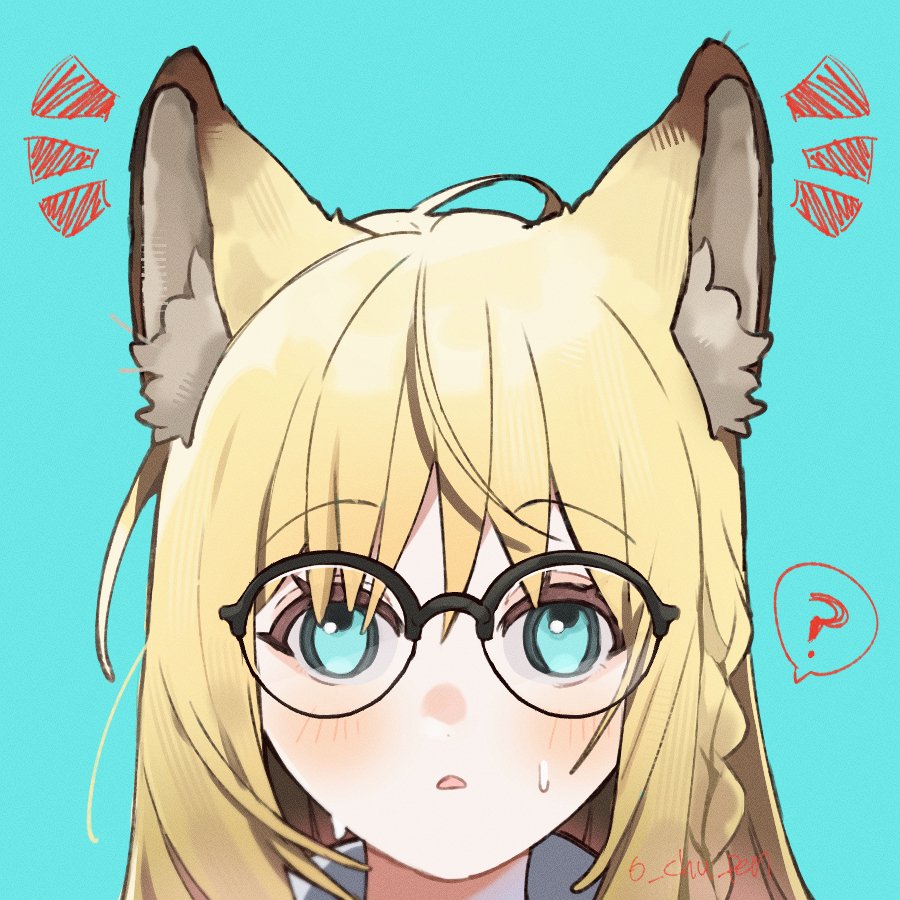 1girl, ?, animal_ear_fluff, animal_ears, artist_name, blonde_hair, blue_background, blue_eyes