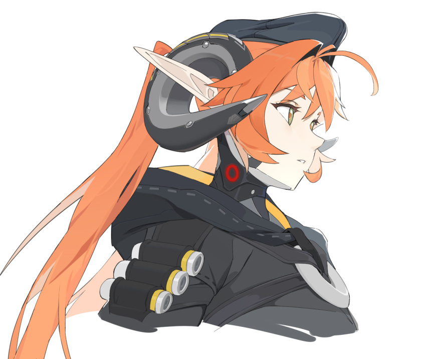 1girl, ammunition, black_hat, black_horns, commentary_request, cropped_torso, curled_horns, from_side, green_eyes, hair_between_eyes, hat, highres, horns, long_hair, mechanical_horns, orange_hair, orange_pupils, orphie_magnusson, parted_lips, pointy_ears, same_(autphickez), simple_background, solo, twintails, white_background, zenless_zone_zero
