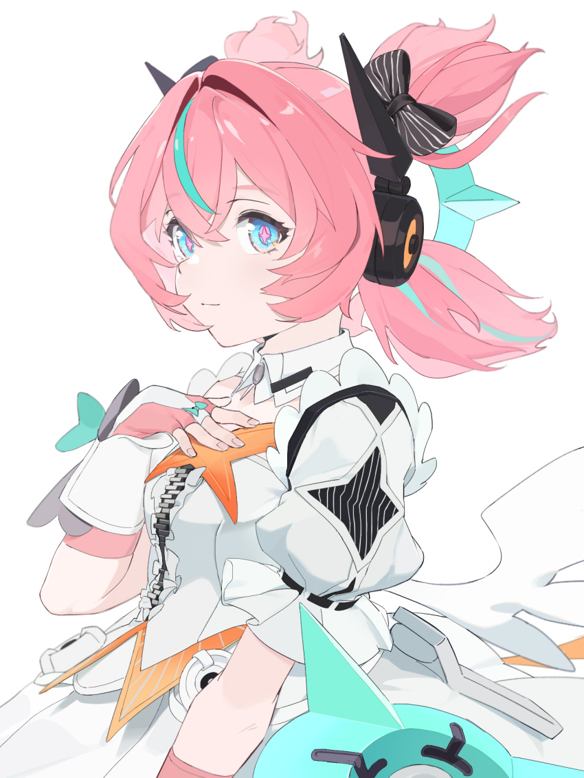 1girl, aqua_hair, aqua_streaks, aria_(human)_(zenless_zone_zero), aria_(zenless_zone_zero), blue_eyes, bridal_gauntlets, center_frills, commentary_request, fingerless_gloves, frills, gloves, hair_between_eyes, hand_on_own_chest, hand_up, highres, looking_at_viewer, multicolored_hair, pink_gloves, pink_hair, quad_tails, same_(autphickez), simple_background, solo, streaked_hair, upper_body, white_background, white_bridal_gauntlets, white_wings, wings, zenless_zone_zero