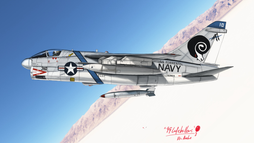 1other, 99_luftballons, a-7_corsair_ii, absurdres, aircraft, airplane, artist_name, b-61_(bomb), canopy_(aircraft), day, desert, dixie_valley, dr-arche, dutch_angle, external_fuel_tank, fighter_jet, flight_suit, flying, helmet, highres, military, military_vehicle, mixed-language_commentary, mountainous_horizon, multilingual_commentary, nevada, nuclear_weapon, original, outdoors, pilot, pilot_helmet, real_world_location, roundel, sky, takeoff, united_states, united_states_air_force, united_states_navy, vehicle_focus, vfa-83