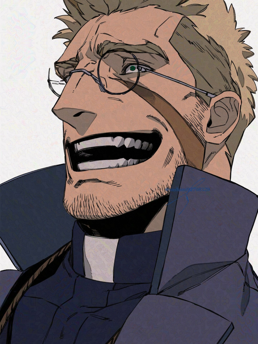 1boy, alexander_anderson, blonde_hair, coat, crazy_laugh, glasses, hellsing, highres
