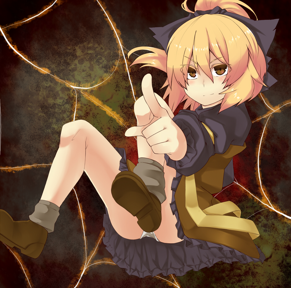 blonde_hair, blush, bow, brown_dress, brown_eyes, dress, hachi105, hair_bow