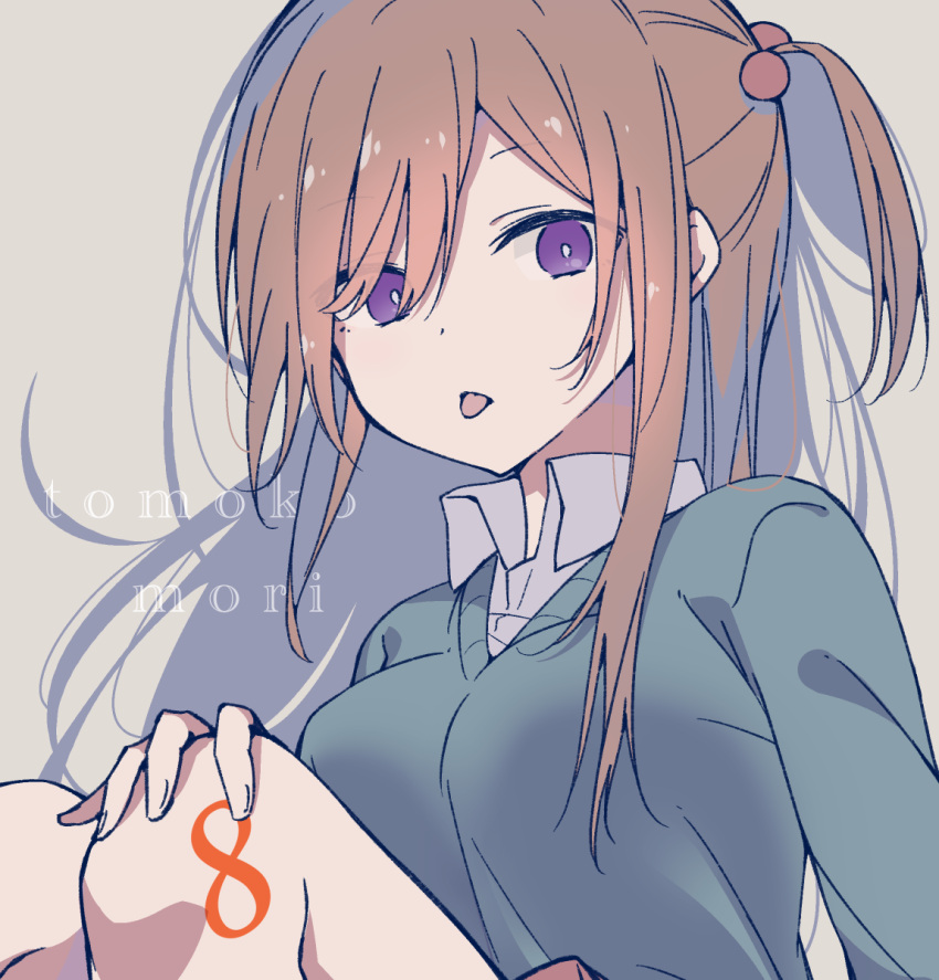 1girl, blue_sweater_vest, brown_hair, character_name, closed_mouth, commentary_request, grey_background, hair_bobbles