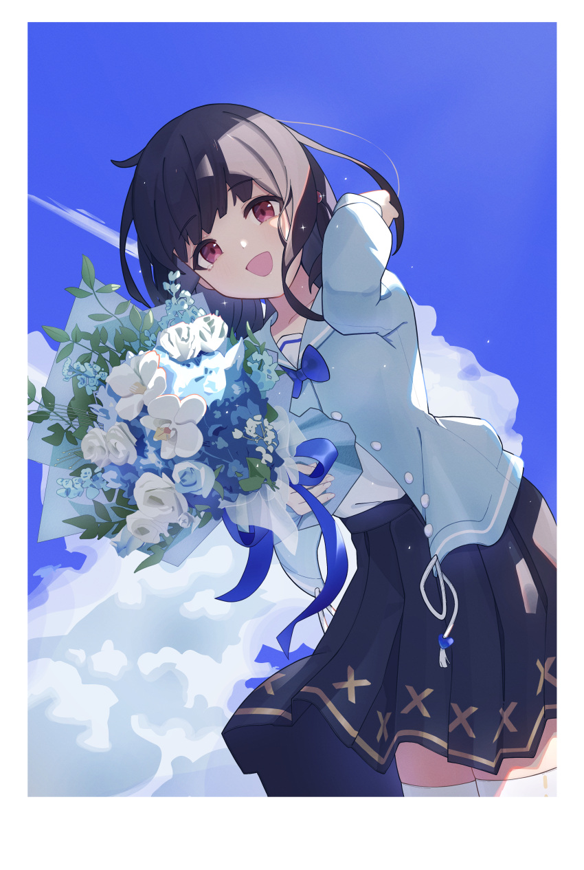 1girl, absurdres, black_hair, black_skirt, blue_jacket, bouquet, clouds, commentary_request