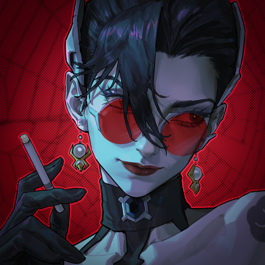 1girl, black_choker, black_hair, choker, cigarette, earrings, highres, holding, holding_cigarette, jewelry, lingxun0328, overwatch, red_eye_lenses, silk, spider_earrings, spider_web, sunglasses, widowmaker_(overwatch)