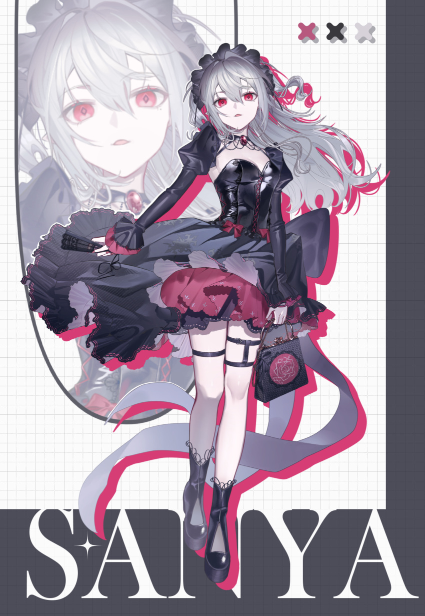 1girl, absurdres, alternate_costume, aro_16666, bag, bell_sleeves, black_boots, black_dress