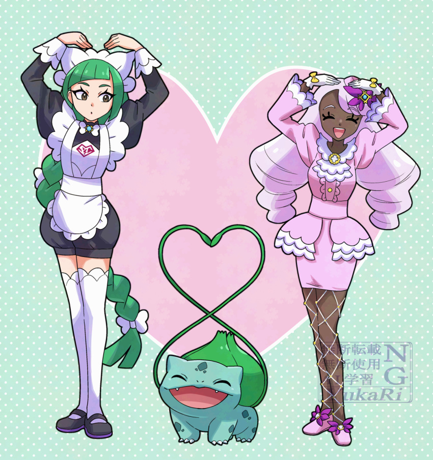 2girls, apron, ascot, black_romper, blunt_bangs, bow, bowtie, braid
