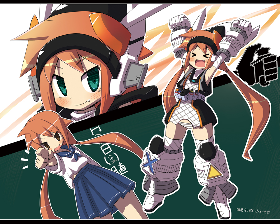 arms_up, brown_hair, fang, female, garoudo_(kadouhan'i), garoudo_(kadouhan'i), genderswap, green_eyes