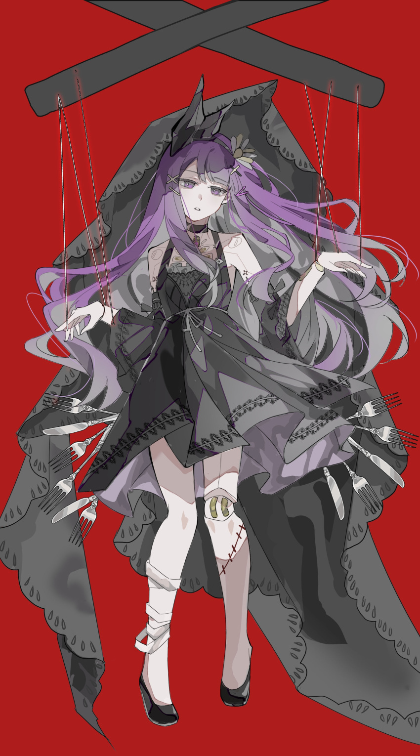 1boy, absurdres, bandaged_leg, bandages, black_choker, black_dress, black_hairband, black_shoes