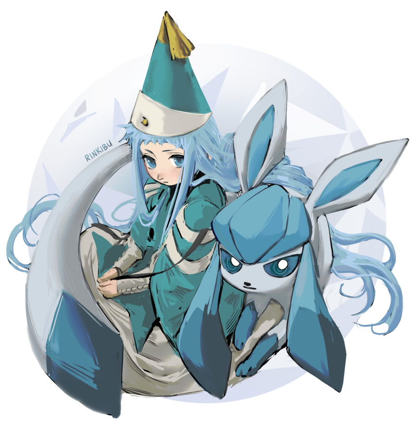 1girl, blue_eyes, blue_hair, cloak, crossover, expressionless, glaceon, hat, hat_tassel, highres, long_hair, pokemon, pokemon_(creature), qifrey's_atelier_apprentice_uniform, richeh_(tongari_boushi_no_atelier), sara_(rinkibu), simple_background, sitting, solo, tongari_boushi_no_atelier, very_long_hair, white_background, wizard_hat