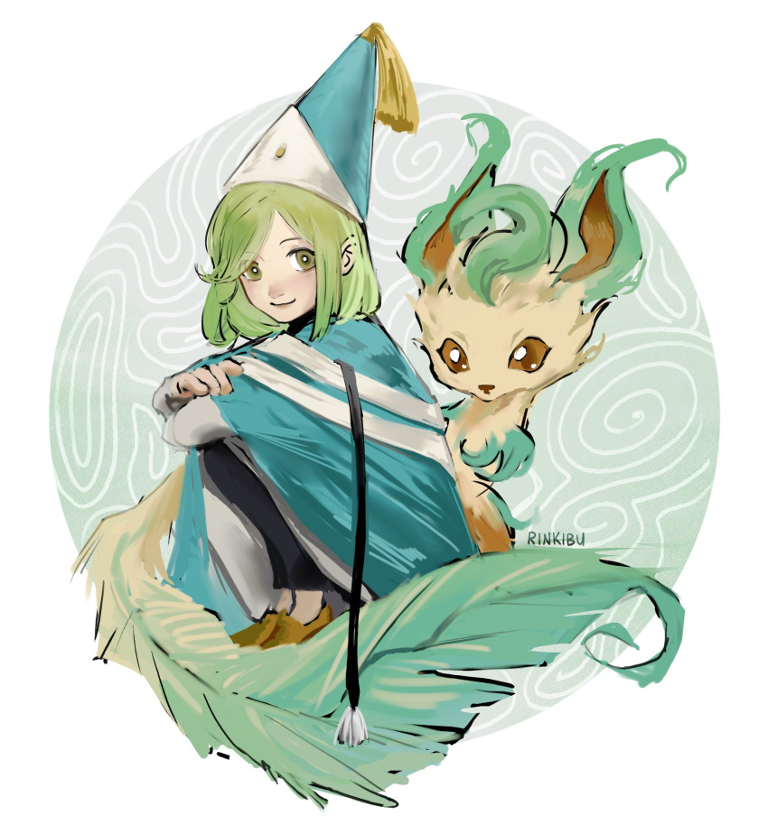 1girl, cloak, coco_(tongari_boushi_no_atelier), crossover, green_eyes, green_hair, hat, hat_tassel