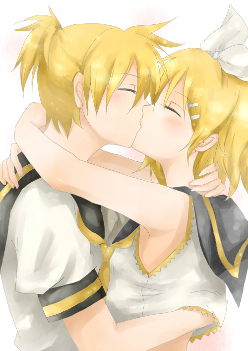 blonde_hair, brother_and_sister, closed_eyes, hair_ornament, hair_ribbon, hairclip, hug, incest, kagamine_len, kagamine_rin, kiss, ribbon, short_hair, siblings, twincest, twins, vocaloid, yaichi_(reverie)