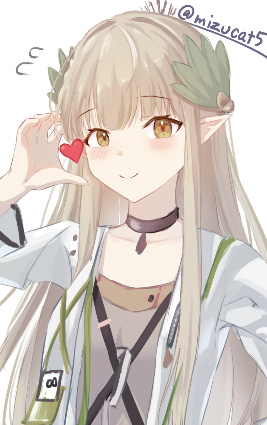 1girl, absurdres, arknights, arm_up, black_choker, blonde_hair, blush, choker, closed_mouth, collarbone, commentary_request, elf, flying_sweatdrops, grey_shirt, hair_ornament, heart, highres, jacket, long_hair, long_sleeves, looking_at_viewer, m1thr1l, muelsyse_(arknights), open_clothes, open_jacket, partial_commentary, pointy_ears, shirt, simple_background, smile, solo, split_mouth, t-shirt, twitter_username, upper_body, watermark, white_background, white_jacket, yellow_eyes