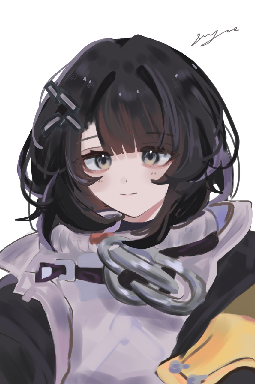 1girl, arknights, arknights:_endfield, black_hair, black_jacket, chain, chinese_commentary, closed_mouth, commentary_request, endministrator_(arknights), female_endministrator_(arknights), grey_eyes, grey_sweater, hair_ornament, highres, jacket, light_smile, looking_at_viewer, open_clothes, open_jacket, portrait, short_hair, signature, simple_background, solo, sweater, user_ztpy8723, white_background
