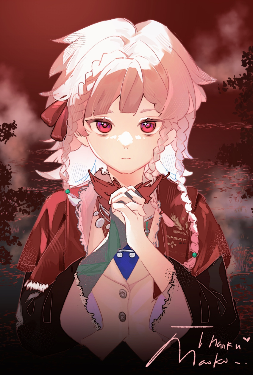 1girl, black_coat, braid, coat, grey_hair, hands_up, highres, interlocked_fingers