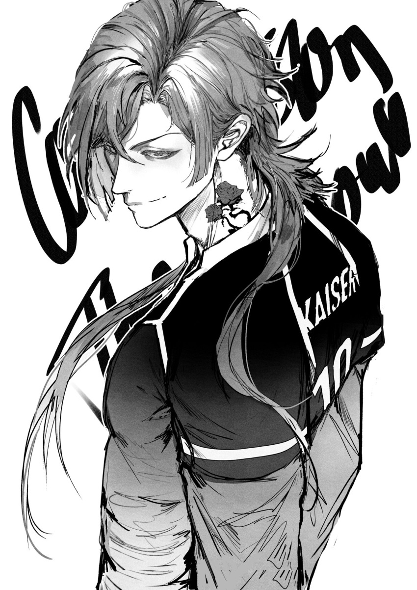 1boy, blue_lock, closed_mouth, commentary, commission, english_commentary, flower_tattoo, greyscale