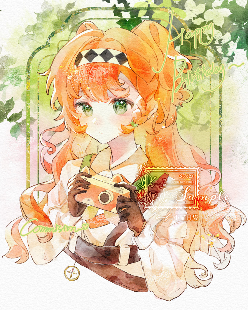 1girl, absurdres, braid, branch, brown_gloves, camera, chinese_commentary, closed_mouth