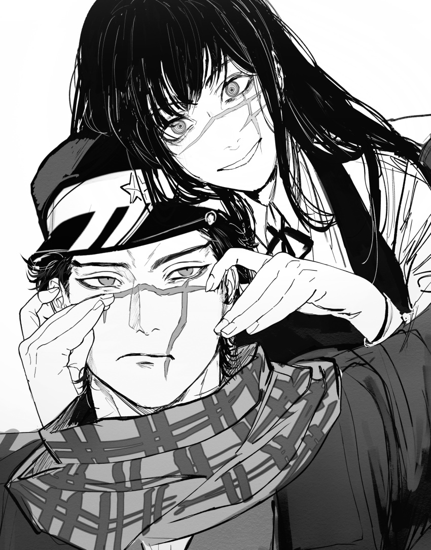 1boy, 1girl, chainsaw_man, closed_mouth, commentary, crossover, dress, english_commentary
