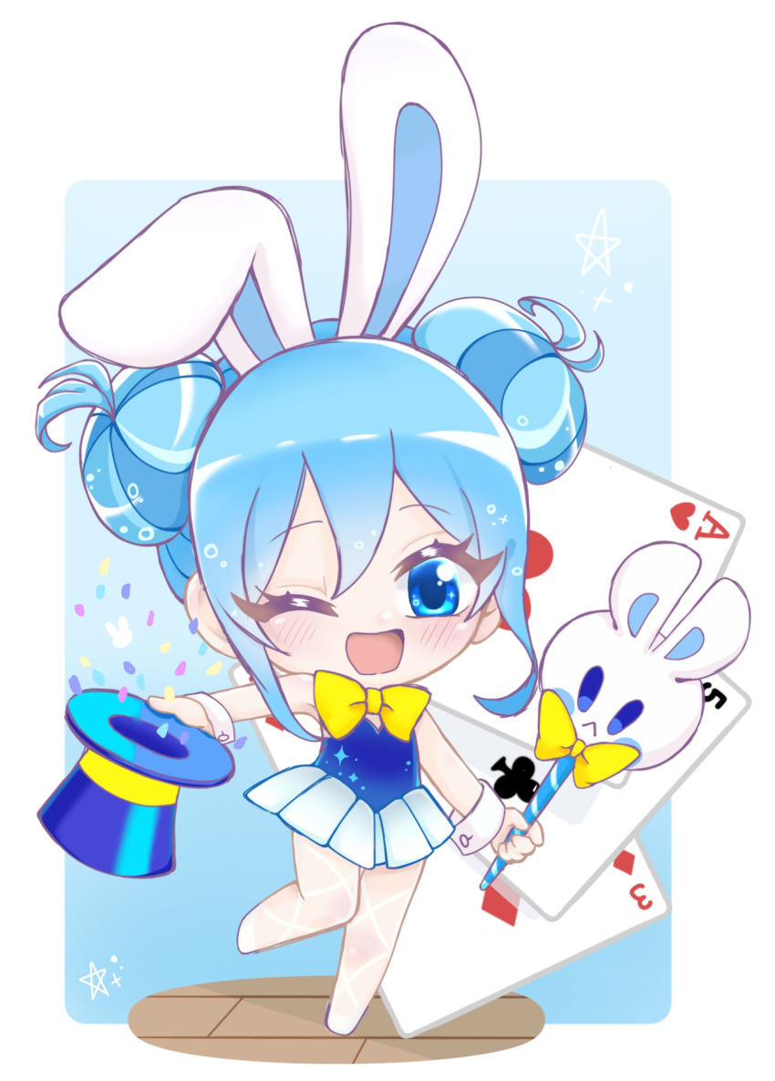 1girl, ace_(playing_card), ace_of_hearts, animal_ear_hairband, animal_ears, blue_eyes, blue_hair, bow