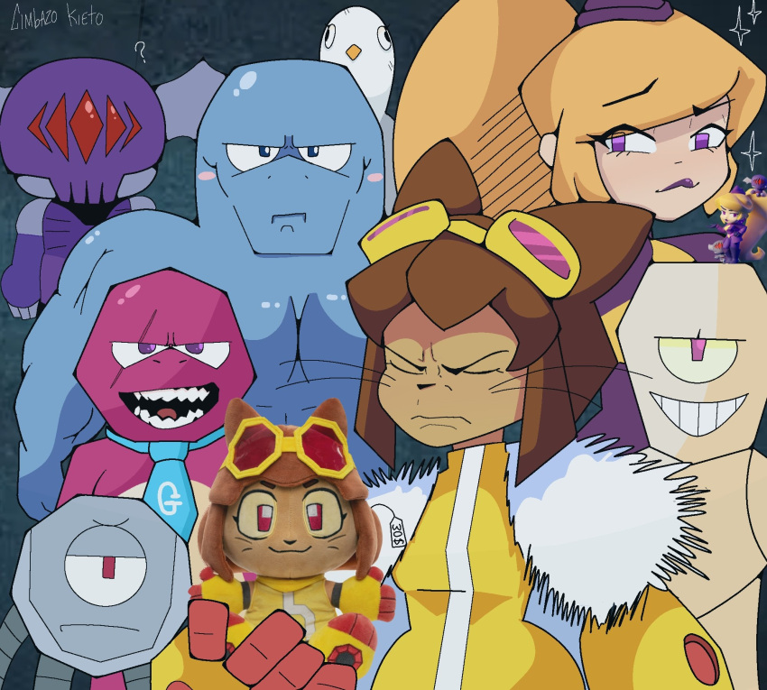 1girl, 2girls, 5boys, 6+boys, ?, animal_ears, artist_name, beak, bird, blonde_hair, blue_eyes, blue_necktie, blush_stickers, bodysuit, brown_hair, cat_ears, chimbazo_kieto, closed_eyes, closed_mouth, coat, colored_sclera, colored_skin, cyclops, english_text, eyeshadow, feather_boa, flappers_(gameoverse), floatie_(gameoverse), fold_(gameoverse), frown, fur_coat, fur_collar, fur_trim, furry, gameoverse, gobbles_(gameoverse), goggles, goggles_on_head, half-closed_eyes, highres, invincible_(series), kaboodle_(gameoverse), kit_bodega, long_hair, looking_at_viewer, makeup, meme, miss_information_(gameoverse), multiple_boys, multiple_girls, muscular, necktie, one-eyed, open_mouth, parka, photorealistic, pink_skin, ponytail, purple_eyeshadow, purple_lips, purple_skin, realistic, red_eyes, robot, seagull, sharp_teeth, smile, sparkle, stuffed_toy, teeth, toy, upper_body, viltrumite_group_shot_(meme), violet_eyes, whiskers, yellow_bodysuit, yellow_sclera