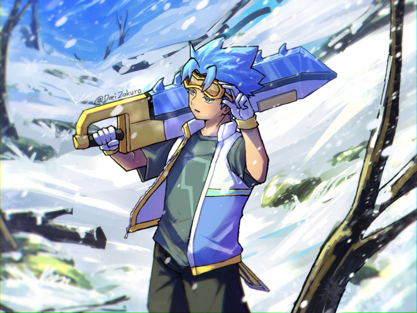 1boy, black_pants, blue_eyes, blue_hair, commentary, cookie_run, cookie_run:_tower_of_adventures, dreizakuro
