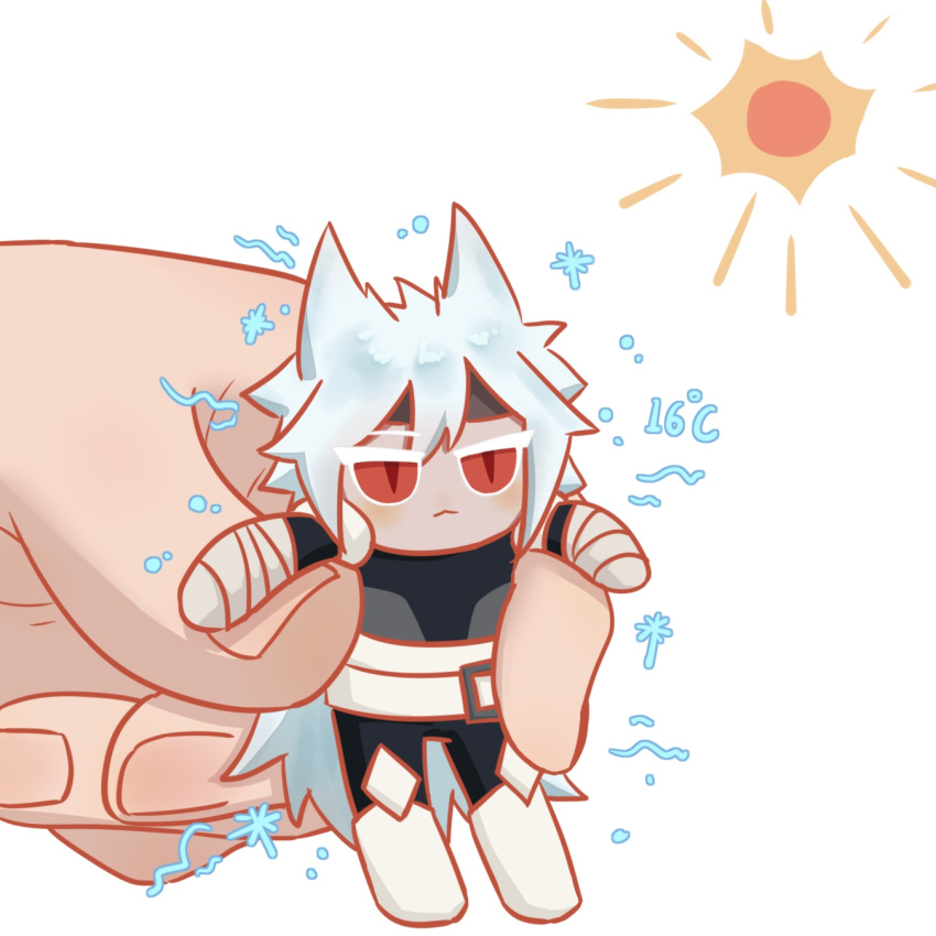 1boy, bandaged_arm, bandages, blanche_(5353925), blush, celsius, chibi, cold, colored_eyelashes, cookie_run, cookie_run:_tower_of_adventures, frostrock_cookie, headband, highres, long_hair, short_sleeves, sun, white_background, white_eyelashes, white_hair