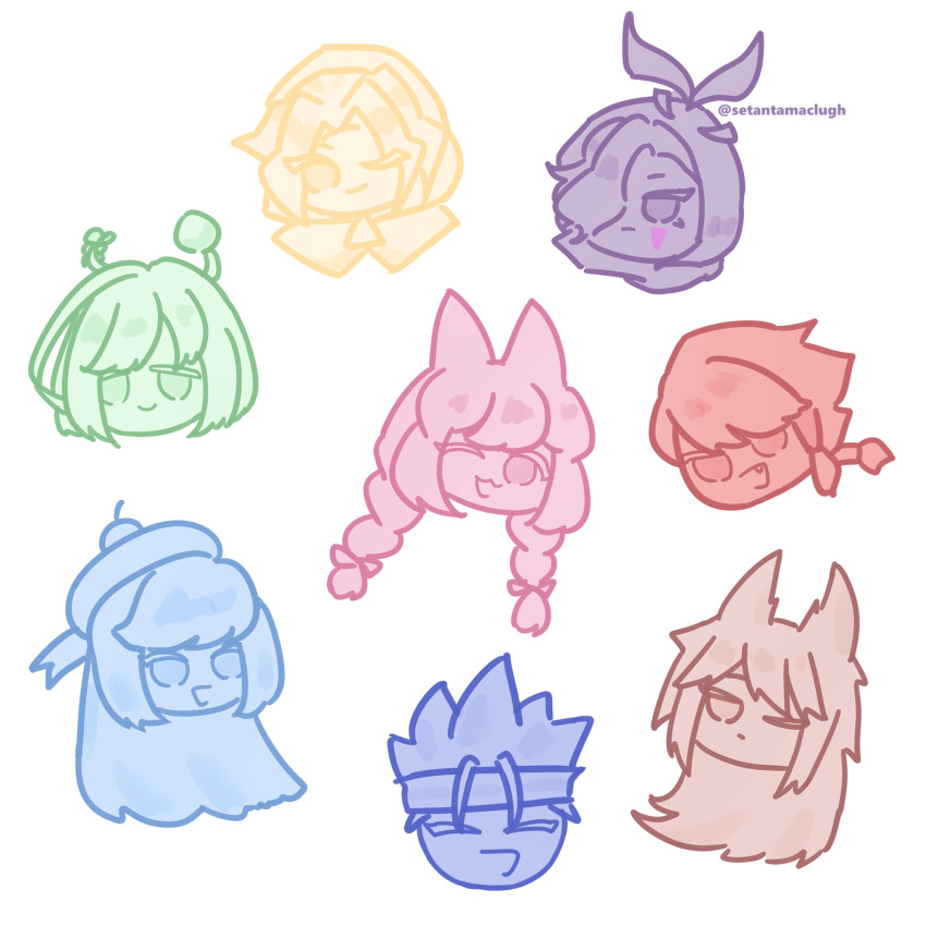 3girls, 5boys, blanche_(5353925), closed_eyes, cookie_run, cookie_run:_tower_of_adventures, cream_soda_cookie, crushed_pepper_cookie, frostrock_cookie, greenbell_cookie, hair_ears, hair_over_one_eye, hat, highres, hood, hood_up, ice_mint_cookie, kohlrabi_cookie, lemon_zest_cookie, multiple_boys, multiple_girls, one_eye_closed, open_mouth, short_hair, strawberry_mochi_cookie