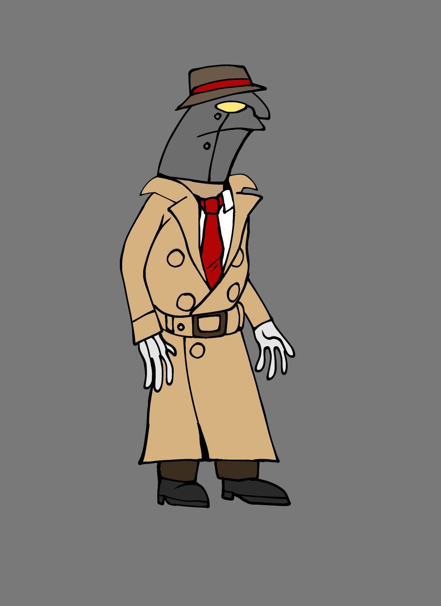 1boy, allan_(smiling_friends), belt, bird, brown_coat, coat, commentary, detective