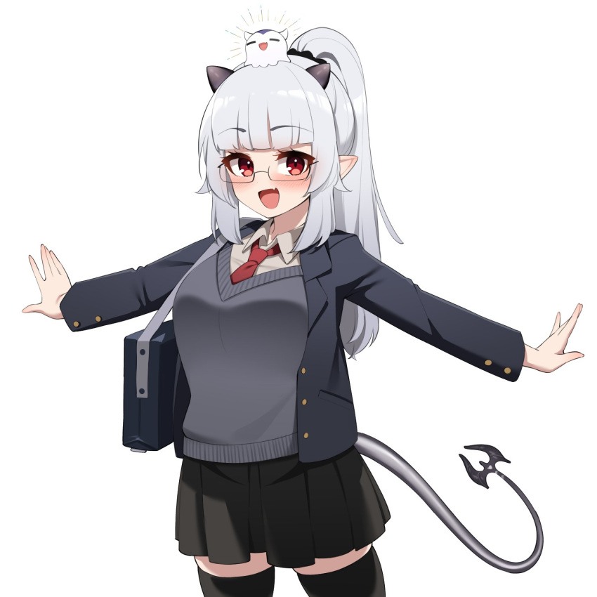 1girl, :d, bag, black_skirt, black_thighhighs, breasts, commentary, demon_girl