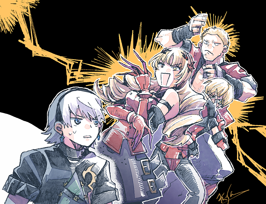 1girl, 3boys, black_hairband, black_jacket, black_pants, black_wrist_cuffs, breasts, cinderella_tri-stars