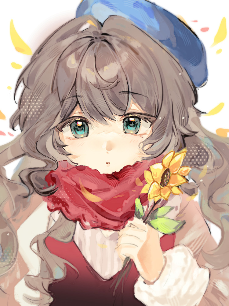 1girl, :o, alternate_costume, beret, blue_eyes, blue_hat, brown_hair, flower