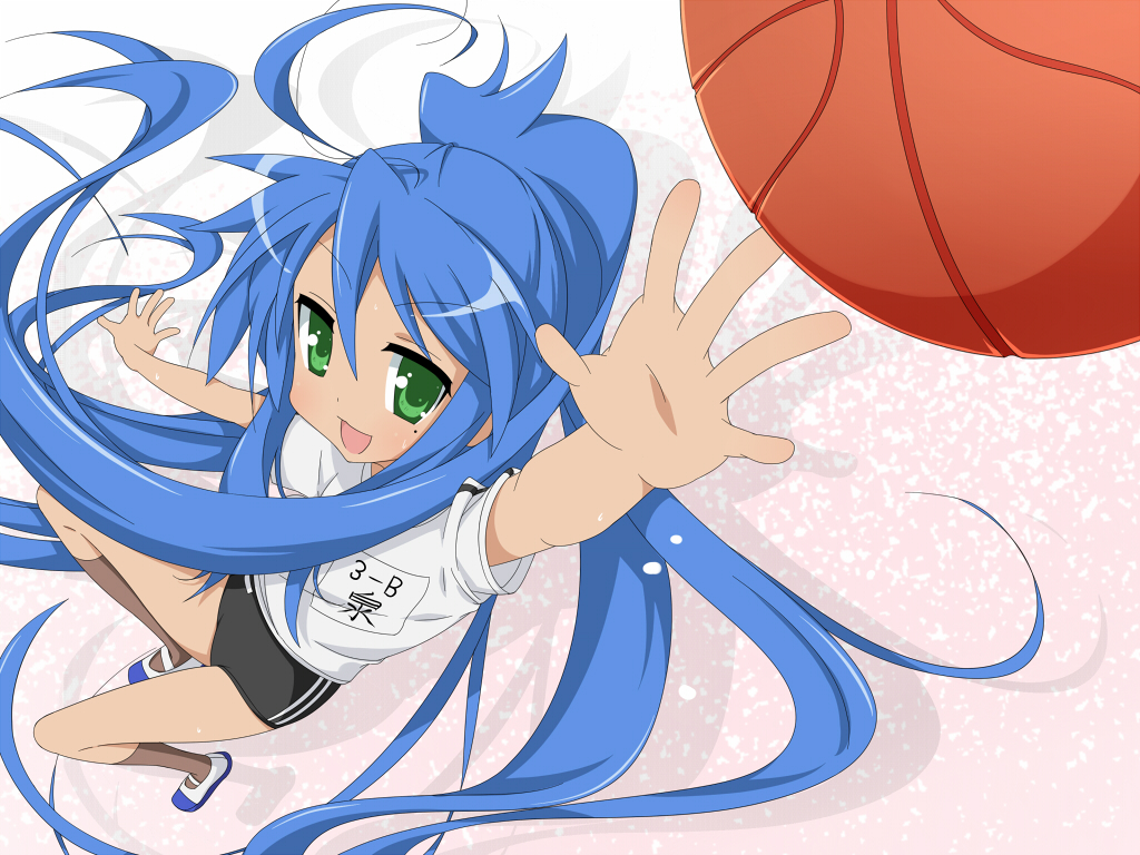 basketball, blue_hair, buruma, foreshortening, green_eyes, gym_uniform, izumi_konata, komo_egg