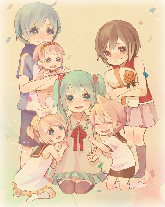 aqua_hair, blonde_hair, blue_eyes, blue_hair, brown_hair, child, hatsune_miku, kagamine_len