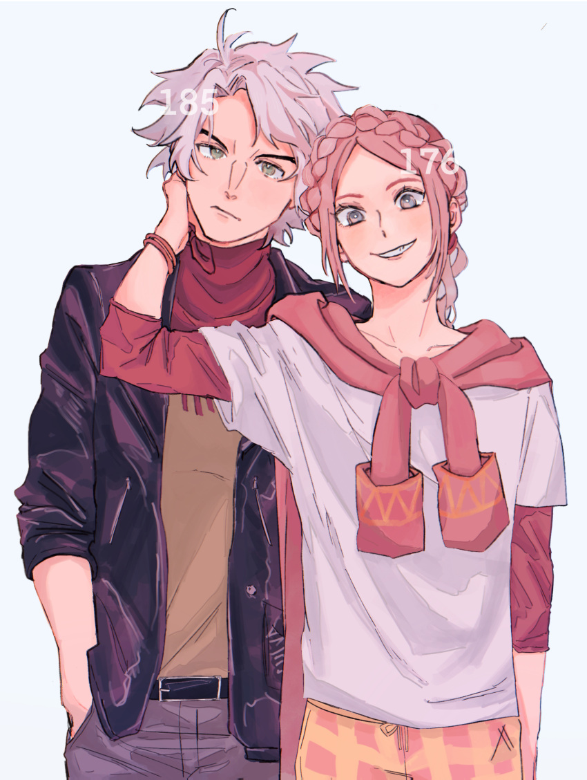 2boys, absurdres, bandana, black_jacket, braid, classicaloid, closed_mouth, commentary_request