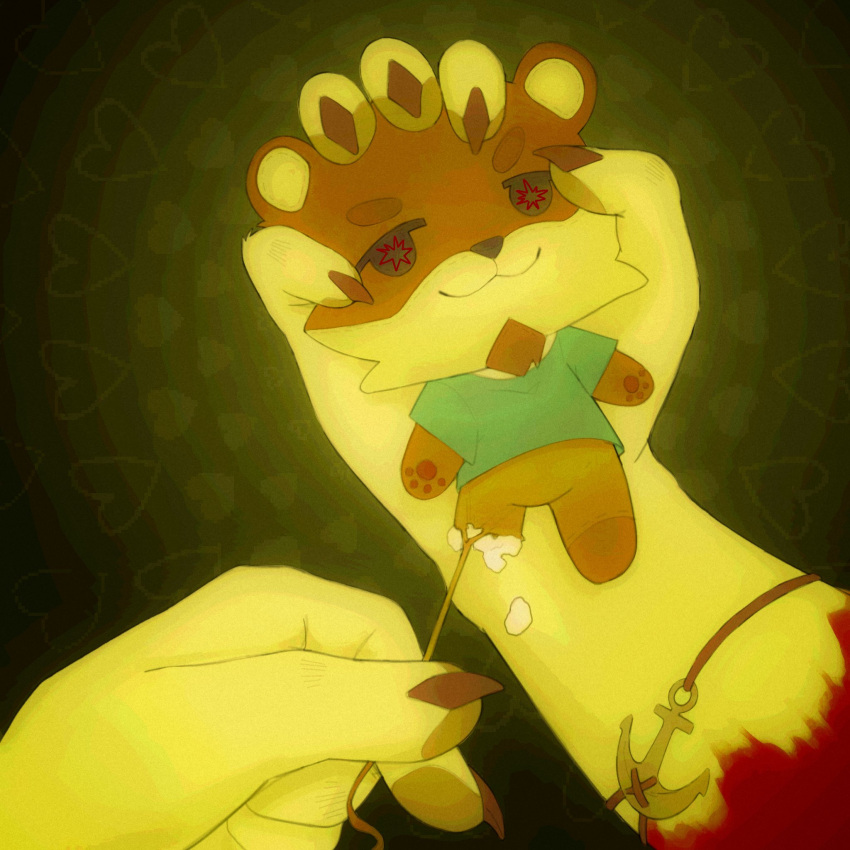 1boy, anchor_bracelet, animal_ears, blue_shirt, brown_pants, chase_hunter, claws, closed_mouth