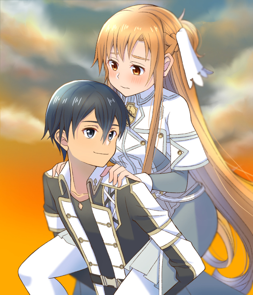 1boy, 1girl, asuna_(sao), asuna_(stacia)_(sao), belt, black_belt, black_hair, black_jacket