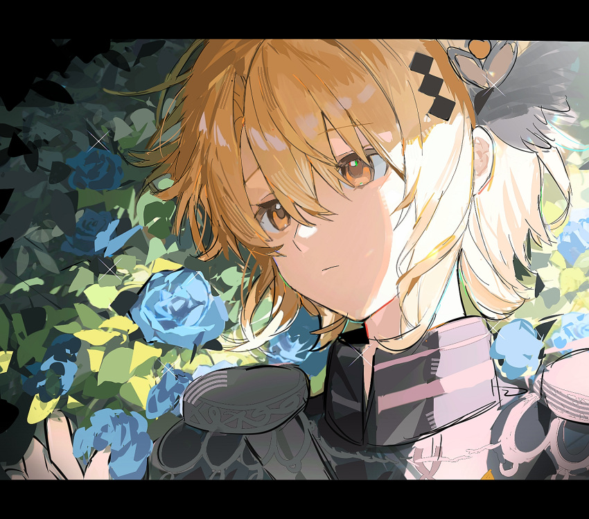 1girl, blonde_hair, blue_flower, blue_rose, chinese_commentary, closed_mouth, commentary_request, epaulettes