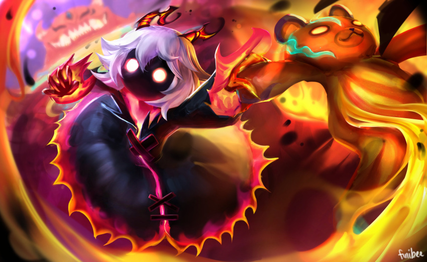 1girl, annie_(league_of_legends), artist_name, black_dress, bright_pupils, colored_skin, dress, finibeee, fire, glowing, grey_hair, highres, holding, holding_stuffed_toy, league_of_legends, long_sleeves, magic, medium_hair, no_mouth, official_alternate_costume, open_mouth, pandemonium_annie, pandemonium_tibbers, sharp_teeth, short_hair, solo_focus, stuffed_animal, stuffed_toy, teddy_bear, teeth, tibbers, white_hair