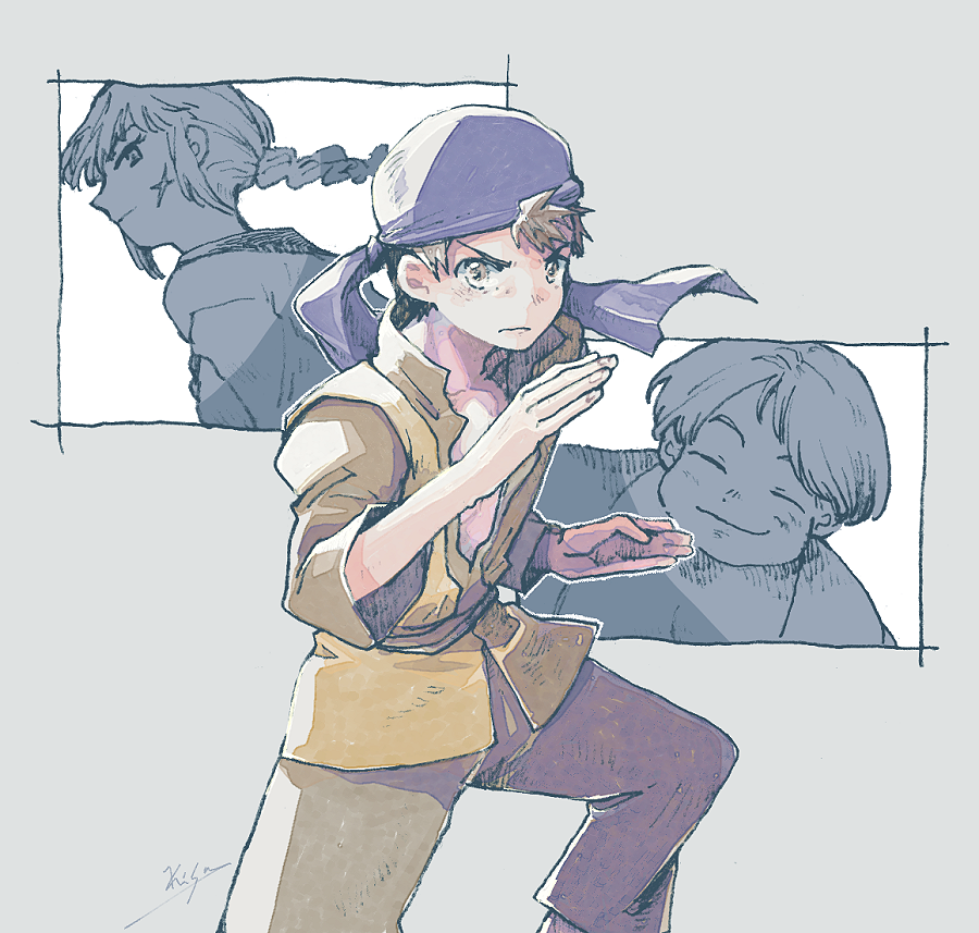 1girl, 2boys, bandana, braid, brown_eyes, brown_hair, brown_pants, closed_mouth