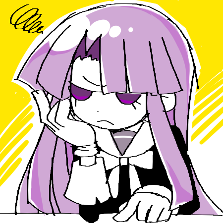 1girl, black_shirt, blunt_bangs, bow, frown, funamusea, funamusea_(artist), half-closed_eyes, hand_on_own_chin, hime_cut, if_(funamusea), long_hair, long_sleeves, looking_to_the_side, lowres, non-web_source, official_art, purple_hair, sailor_collar, school_uniform, shirt, simple_background, solo, violet_eyes, white_bow, yellow_background