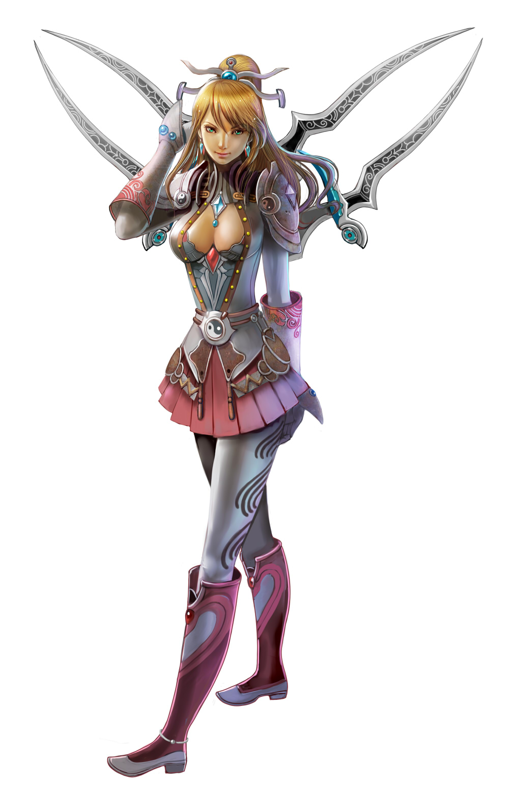blonde_hair, breasts, copyright_request, fantasy, highres, long_hair, metal_wings, ponytail