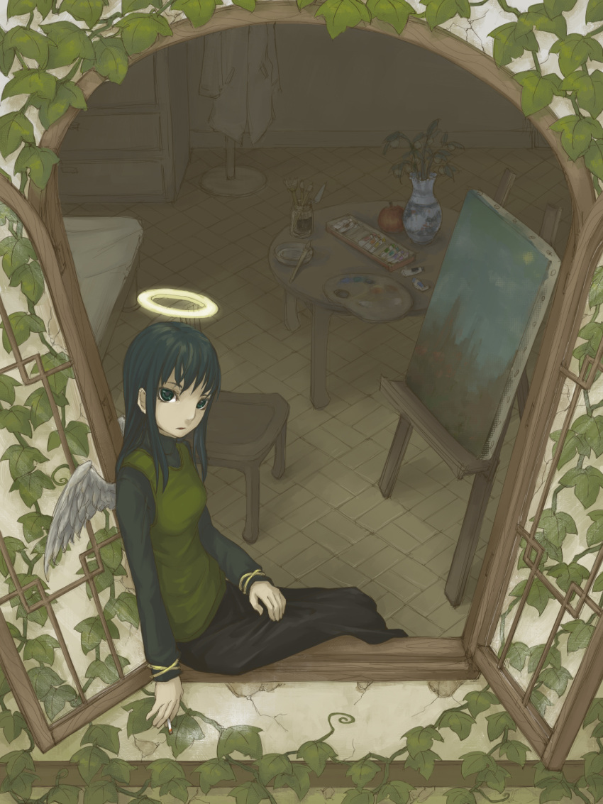 black_hair, canvas_(object), cigarette, easel, green_eyes, haibane_renmei, halo, highres