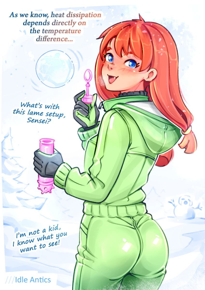 1girl, :d, absurdres, ass, black_gloves, blue_eyes, blush, breasts