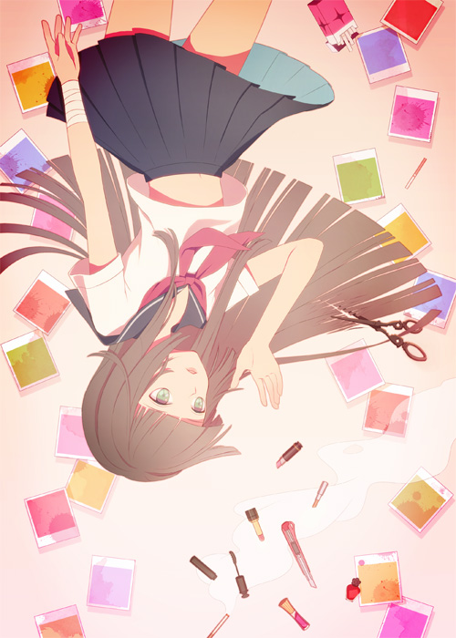 bandage, boxcutter, brown_hair, cigarette, copyright_request, cutting_hair, grey_eyes, lipstick_tube