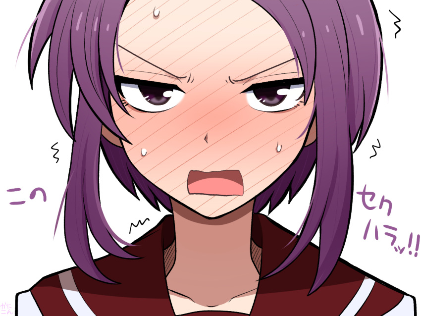 1girl, artist_logo, blush, close-up, commentary_request, embarrassed, forehead, full-face_blush