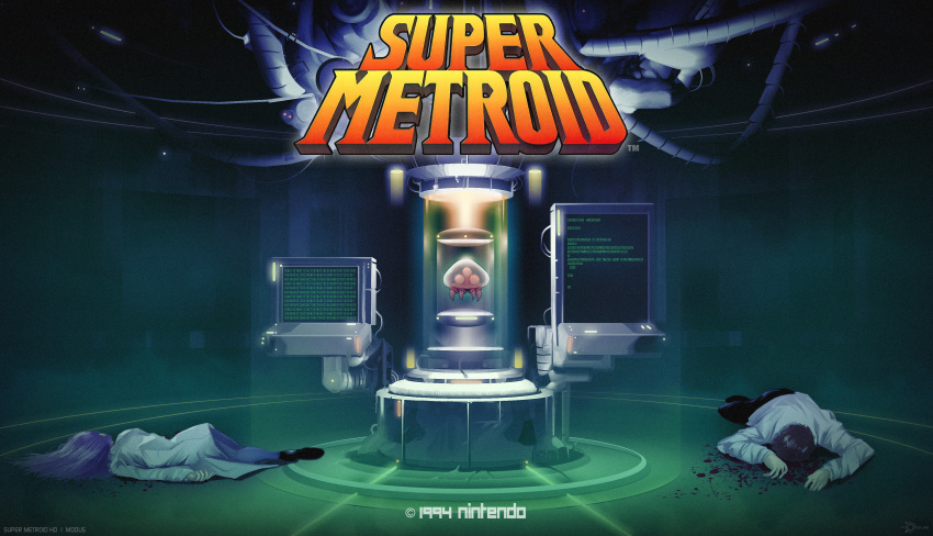 alien, blood, container, corpse, death, highres, labcoat, maher_al-samkari, metroid, metroid_(creature), nintendo, pantyhose, scientist, title_screen