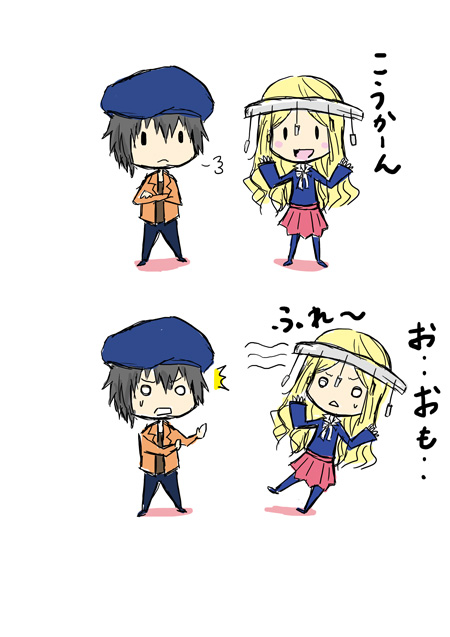 1girl, beret, black_hair, blonde_hair, blue_eyes, blush, color, comic