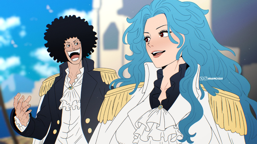 1boy, 1girl, absurdres, afro, ascot, black_coat, black_hair, black_shirt, blue_sky, brook_(one_piece), candel_(one_piece), cape, coat, commentary, commission, epaulettes, highres, iamosix2, long_hair, lower_eyelashes_only, one_piece, open_mouth, outdoors, red_eyes, shirt, sky, smile, v-shaped_eyebrows, white_ascot, white_cape, white_coat