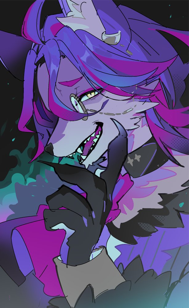 #compass, 1boy, ascot, black_gloves, charles_richter_(#compass), claws, commentary, fangs